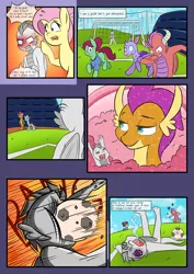 Size: 2893x4092 | Tagged: safe, artist:mustachedbain, derpibooru import, fluttershy, ocellus, smolder, oc, oc:august, oc:rexion, changedling, changeling, dragon, earth pony, pegasus, pony, comic:my dragon children, ball, blushing, bruised, comic, distracted, dragon oc, giving up the ghost, swirly eyes