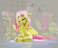 Size: 2457x2045 | Tagged: safe, artist:odooee, derpibooru import, fluttershy, pegasus, pony, cute, female, high res, mare, open mouth, reflection, shampoo, shiny skin, shower, showering, shyabetes, sitting, soap, solo, washing, wet, wet mane