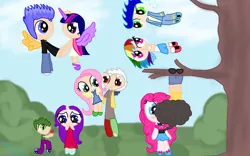 Size: 1280x800 | Tagged: safe, artist:loloujelsa, derpibooru import, cheese sandwich, discord, flash sentry, fluttershy, pinkie pie, rainbow dash, rarity, soarin', spike, twilight sparkle, human, alicorn humanization, alternate hairstyle, blushing, bush, cheesepie, chibi, clothes, confident, discoshy, dress, eyeshadow, female, flashlight, flight, flying, grass, hanging, hanging upside down, happy, holding hands, holiday, horn, horned humanization, humanized, jacket, jeans, kissing, leather jacket, looking at each other, makeup, male, mary janes, overalls, pants, shipping, shoes, shorts, skirt, smiling, sneakers, soarindash, socks, sparity, spiderman kiss, straight, tanktop, tomboy, tree, tree branch, upside down, valentine's day, winged humanization, wings