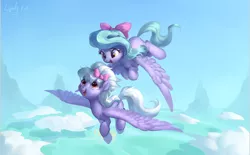 Size: 2400x1490 | Tagged: safe, artist:luciferamon, derpibooru import, cloudchaser, flitter, pegasus, pony, bow, cloud, cute, duo, female, flying, hair bow, looking at each other, mare, open mouth, siblings, sisters, sky, spread wings, wings