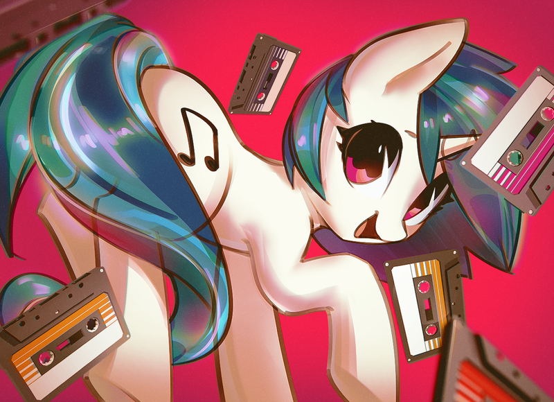 Size: 1301x944 | Tagged: safe, artist:mirroredsea, derpibooru import, vinyl scratch, pony, unicorn, cassette, cassette tape, cute, female, looking at you, mare, open mouth, red background, simple background, solo, vinylbetes