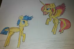 Size: 1280x857 | Tagged: safe, artist:arbuzozozila, derpibooru import, flash sentry, sunset shimmer, alicorn, pegasus, alicornified, female, flashimmer, male, race swap, shimmercorn, shipping, straight, traditional art, two color wing