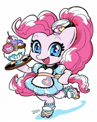 Size: 1618x2048 | Tagged: safe, artist:babtyu, derpibooru import, pinkie pie, ponified, earth pony, pony, coinky-dink world, eqg summertime shorts, equestria girls, carhop, clothes, cute, diapinkes, dress, equestria girls ponified, female, food, heart eyes, ice cream, looking at you, mare, open mouth, roller skates, server pinkie pie, simple background, solo, tray, white background, wingding eyes