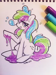 Size: 1280x1714 | Tagged: safe, artist:jopiter, derpibooru import, oc, oc:swampie fish, unofficial characters only, goo, goo pony, original species, pony, blushing, bubble, copic, female, looking at you, mare, signature, sitting, solo, traditional art