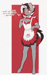 Size: 2000x3193 | Tagged: safe, artist:loneless-art, derpibooru import, oc, oc:joker, unofficial characters only, anthro, unguligrade anthro, unicorn, abstract background, clothes, crossdressing, dress, image, maid, male, pizza hut maid dress, png, solo, trap, vulgar