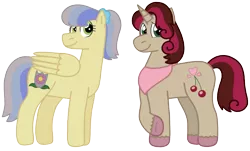 Size: 1993x1206 | Tagged: safe, artist:kindheart525, derpibooru import, oc, oc:cherry bliss, oc:sentinel shield, unofficial characters only, unicorn, kindverse, neckerchief, parent:cherry jubilee, parent:cinnamon chai, parent:donut joe, parent:junebug, parent:spearhead, simple background, solo, transparent background, unshorn fetlocks