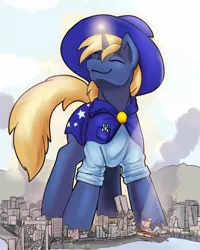 Size: 1280x1600 | Tagged: safe, artist:wolfenstyle, derpibooru import, oc, oc:snap feather, oc:star bright, unofficial characters only, pony, unicorn, cape, city, clothes, cosmic wizard, destruction, duo, eyes closed, giant pony, growth, growth spell, hat, macro, male, mega giant, micro, pocket pony, size difference, smiling, stallion, wizard, wizard hat