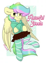 Size: 1380x1881 | Tagged: safe, artist:spoopygander, derpibooru import, oc, oc:flavorful sweets, unofficial characters only, pegasus, pony, abstract background, badge, clothes, con badge, male, pegasus oc, socks, solo, stallion, striped socks, wings