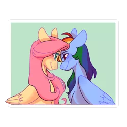 Size: 1024x1024 | Tagged: safe, artist:snowolive, derpibooru import, fluttershy, rainbow dash, pegasus, pony, blushing, bust, cute, eye contact, female, flutterdash, folded wings, happy, lesbian, looking at each other, mare, shipping, simple background, smiling, wings