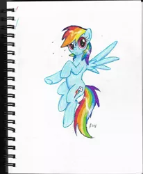 Size: 1280x1550 | Tagged: safe, artist:lennondash, derpibooru import, rainbow dash, pegasus, pony, cute, dashabetes, female, flying, looking at you, mare, raised hoof, solo, spread wings, three quarter view, traditional art, wings