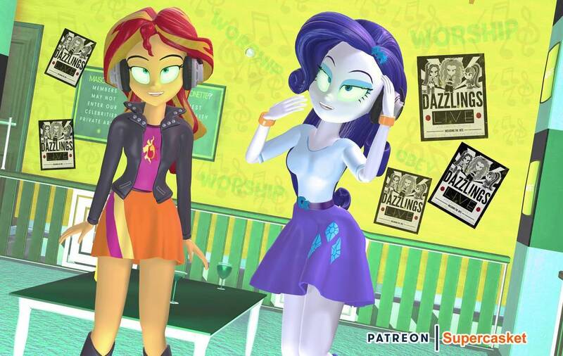 Size: 1125x711 | Tagged: safe, artist:supercasket, derpibooru import, rarity, sunset shimmer, equestria girls, barrette, belt, bliss, boots, bracelet, clothes, cutie mark, cutie mark on clothes, female, headphones, hypnosis, hypnotized, implied dazzlings, jacket, jewelry, leather jacket, lidded eyes, miniskirt, music, patreon, poster, shirt, shoes, skirt, smiling, standing, table