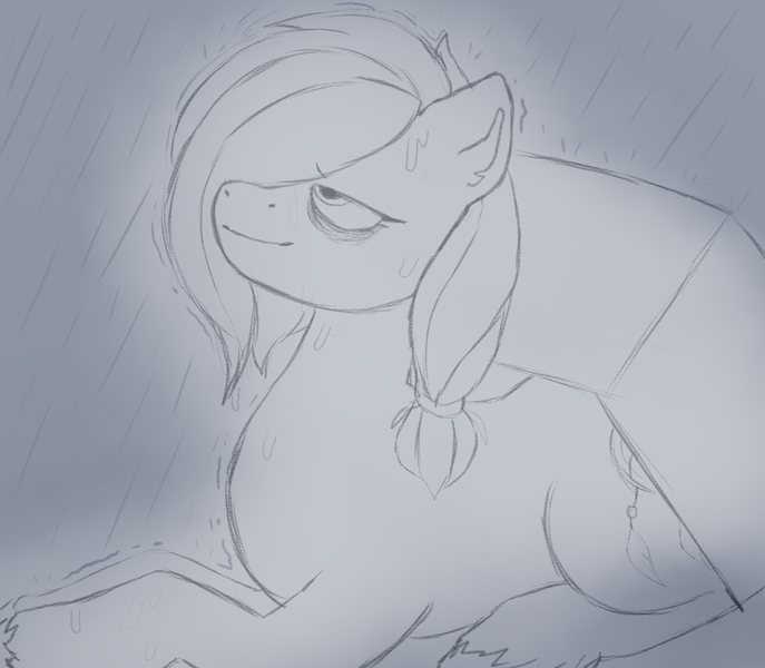 Size: 1089x951 | Tagged: safe, artist:anonymous, artist:happyartfag, derpibooru import, oc, oc:safe haven, unofficial characters only, earth pony, pony, /mlp/, 4chan, bags under eyes, box, drawthread, monochrome, rain, solo, wet