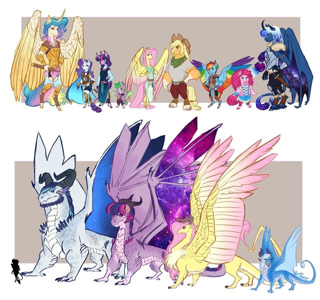 Size: 1920x1800 | Tagged: safe, artist:earthsong9405, deleted from derpibooru, derpibooru import, applejack, fluttershy, pinkie pie, princess celestia, princess luna, rainbow dash, rarity, shining armor, spike, trixie, twilight sparkle, ponified, alicorn, anthro, dragon, earth pony, feathered dragon, pegasus, pony, unguligrade anthro, unicorn, fanfic:azure edge, antlers, armor, braid, braided tail, cape, clothes, colored hooves, colored wings, colored wingtips, colt, dragonified, fanfic art, female, flutterdragon, horn, horn ring, horns, large wings, leonine tail, male, mane seven, mane six, mare, multicolored wings, ponified spike, rainbow wings, ring, robes, royal sisters, scabbard, simple background, species swap, spread wings, starry wings, sword, twilidragon, weapon, wing claws, wings