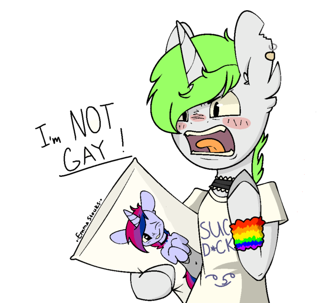 Size: 1016x946 | Tagged: suggestive, alternate version, artist:lazyshadowdemon, derpibooru import, oc, oc:indigo hearts, oc:starshine glow, unofficial characters only, pony, unicorn, angry, annoyed, bandaid, belly button, bipedal, bisexual pride flag, bisexuality, blatant lies, blushing, body pillow, censored, censored vulgarity, choker, clothes, commission, ear piercing, earring, eyebrow piercing, gay, gay pride flag, implied blowjob, implied oral, implied sex, jewelry, le lenny face, lgbt, male, malesub, not gay, oc x oc, one eye closed, open mouth, piercing, pride, pride flag, raised hoof, shipping, shirt, simple background, stallion, starshine hearts, submissive, t-shirt, torn ear, wall of tags, white background, wink, wristband, ych result