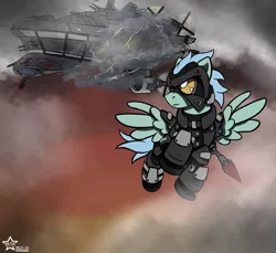 Size: 3000x2750 | Tagged: safe, artist:devorierdeos, derpibooru import, oc, unofficial characters only, pegasus, pony, fallout equestria, fanfic, armor, battle saddle, cloud, cloudship, cloudy, enclave armor, enclave raptor, energy weapon, fanfic art, flying, grand pegasus enclave, gun, hooves, magical energy weapon, male, power armor, raptor battleship, spread wings, stallion, weapon, wings