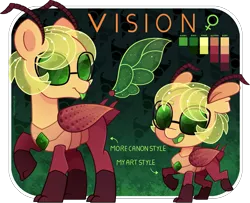 Size: 1659x1350 | Tagged: artist:amberpone, changeling, derpibooru import, digital, digital art, female, glasses, green background, green eyes, mare, oc, oc:vision, paint tool sai, ponysona, reference sheet, safe, simple background, solo, unofficial characters only, wings