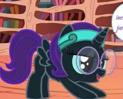 Size: 609x489 | Tagged: safe, artist:niggerfaggot, derpibooru import, oc, oc:nyx, unofficial characters only, alicorn, pony, ask nyx now, alicorn oc, cropped, glasses, golden oaks library, headband, horn, iwtcird, meme, solo, wings