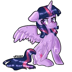 Size: 2000x2000 | Tagged: safe, artist:vpshka, derpibooru import, twilight sparkle, twilight sparkle (alicorn), alicorn, pony, colored pupils, cute, cutie mark eyes, female, floppy ears, high res, lidded eyes, looking back, mare, simple background, sitting, solo, transparent background, twiabetes, wingding eyes