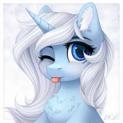 Size: 2300x2300 | Tagged: safe, artist:vird-gi, derpibooru import, oc, oc:eula phi, unofficial characters only, pony, unicorn, abstract background, blushing, bust, cheek fluff, chest fluff, cute, ear fluff, female, looking at you, mare, one eye closed, portrait, solo, tongue out, wink, winking at you