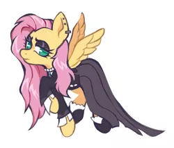 Size: 1333x1138 | Tagged: safe, artist:occultusion, derpibooru import, fluttershy, pegasus, pony, fake it 'til you make it, alternate hairstyle, clothes, dress, ear piercing, earring, eyeshadow, februpony, female, fluttergoth, fluttershy is not amused, flying, goth, hoof shoes, jewelry, long skirt, looking at you, makeup, mare, piercing, raised hoof, shirt, simple background, skirt, socks, solo, unamused, white background