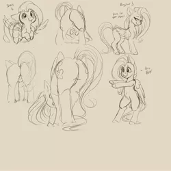Size: 4000x4000 | Tagged: suggestive, artist:miokomata, derpibooru import, fluttershy, pegasus, pony, belly button, bipedal, blushing, both cutie marks, butt, dialogue, dock, featureless crotch, female, floppy ears, freckles, freckleshy, looking at you, looking back, mare, pink background, plot, profile, rear view, simple background, size difference, sketch, smol