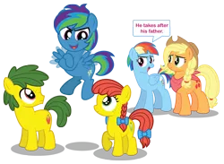 Size: 3000x2198 | Tagged: applejack, artist:aleximusprime, colt, cute, daughter, derpibooru import, female, filly, flapping wings, flurry heart's story, group, kids, male, male and female, mothers, oc, oc:annie smith, oc:apple chip, oc:storm streak, offspring, older, older applejack, older rainbow dash, parent:applejack, parent:oc:thunderhead, parent:rainbow dash, parents:canon x oc, parents:texjack, parent:tex, rainbow dash, safe, short mane, simple background, son, speech bubble, transparent background, wings
