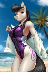 Size: 2000x3000 | Tagged: safe, artist:mykegreywolf, derpibooru import, octavia melody, anthro, earth pony, armpits, beach, breasts, busty octavia, clothes, female, high-cut clothing, jacket, mare, ocean, one-piece swimsuit, palm tree, solo, swimsuit, tree