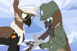 Size: 2160x1440 | Tagged: safe, artist:aaronmk, derpibooru import, oc, oc:alexander kemerskai, oc:alexander kemerskai jr, unofficial characters only, gryphon, equestria at war mod, clothes, cloud, coat, father and child, father and son, griffon oc, hat, male, mountain, uniform, vector