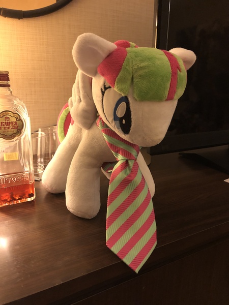 Size: 3024x4032 | Tagged: alcohol, artist:skippymagrue, blossomforth, derpibooru import, female, necktie, pegasus, photo, plushie, safe, solo, vodka