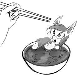 Size: 2000x2000 | Tagged: safe, artist:gab0o0, derpibooru import, bat pony, human, pony, bat soup, bowl, chopsticks, coronavirus, covid-19, female, food, grayscale, mare, monochrome, pony as food, simple background, solo, soup, white background