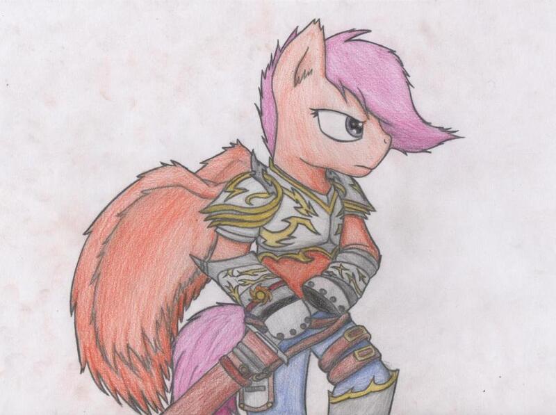 Size: 1094x817 | Tagged: anthro, arm hooves, armor, artist:dashinthedark, clothes, derpibooru import, female, gauntlet, pegasus, safe, scootaloo, solo, sword, traditional art, weapon