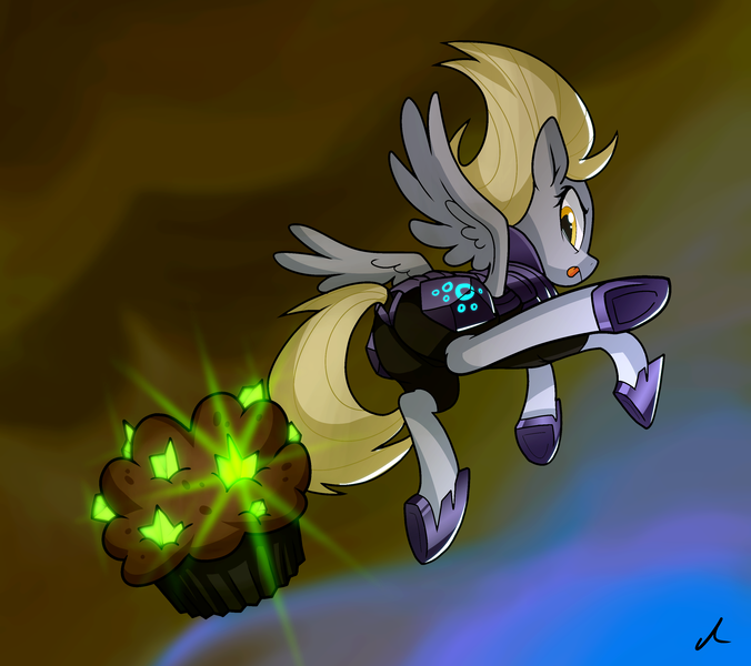 Size: 3000x2661 | Tagged: safe, artist:docwario, derpibooru import, derpy hooves, pegasus, pony, my little pony: the movie, armor, digital art, female, food, kicking, muffin, obsidian orb, solo