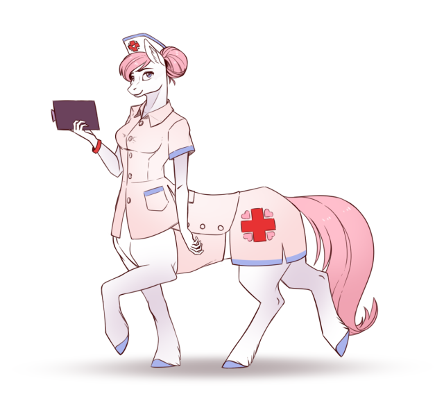 Size: 640x581 | Tagged: safe, artist:28gooddays, derpibooru import, nurse redheart, anthro, centaur, earth pony, anthro centaur, clothes, female, hair bun, hat, looking at you, mare, notepad, nurse, nurse hat, ponytaur, simple background, uniform, white background