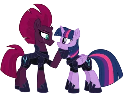 Size: 12560x9574 | Tagged: safe, artist:ejlightning007arts, derpibooru import, tempest shadow, twilight sparkle, twilight sparkle (alicorn), alicorn, unicorn, my little pony: the movie, absurd resolution, armor, broken horn, eye scar, fallen hero, female, hoof on chin, horn, lesbian, raised hoof, scar, shipping, simple background, storm army, tempestlight, traitor sparkle, transparent background, vector