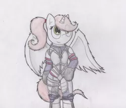 Size: 949x808 | Tagged: alicorn, alicorn oc, anthro, arm hooves, artist:dashinthedark, clothes, costume, derpibooru import, female, horn, looking up, nina williams, oc, oc:bianimals, ponytail, safe, smiling, solo, spread wings, tekken, traditional art, unofficial characters only, wings
