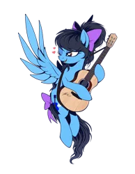 Size: 1000x1286 | Tagged: safe, artist:hexfloog, derpibooru import, oc, oc:strumbeat strings, unofficial characters only, pegasus, pony, bow, guitar, heart, heart eyes, musical instrument, simple background, solo, tail bow, transparent background, wingding eyes