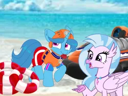 Size: 1440x1080 | Tagged: safe, artist:rainbow eevee edits, artist:徐詩珮, derpibooru import, silverstream, spring rain, hippogriff, pony, unicorn, series:sprglitemplight diary, series:sprglitemplight life jacket days, series:springshadowdrops diary, series:springshadowdrops life jacket days, alternate universe, beach, clothes, cute, diastreamies, female, lifeguard, lifeguard spring rain, mare, paw patrol, stock image