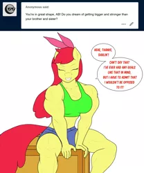 Size: 1280x1535 | Tagged: safe, artist:matchstickman, derpibooru import, apple bloom, anthro, earth pony, tumblr:where the apple blossoms, abs, apple brawn, biceps, breasts, busty apple bloom, clothes, crate, deltoids, denim shorts, dialogue, eyes closed, female, mare, matchstickman's apple brawn series, muscles, muscular female, older, older apple bloom, pecs, sexy, shorts, simple background, solo, speech bubble, sports bra, talking to viewer, thighs, thunder thighs, tomboy, tumblr comic, white background