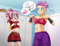 Size: 1280x989 | Tagged: safe, artist:shinta-girl, derpibooru import, smolder, oc, oc:golden sheen, human, equestria girls, bandeau, belly button, bra, bra stuffing, caulifla, clothes, compression shorts, cosplay, costume, couple, dragon ball super, embarrassed, kale (dragon ball), midriff, miniskirt, not scootaloo, pink underwear, short shirt, shorts, skirt, underwear, white underwear