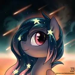Size: 2000x2000 | Tagged: safe, artist:jedayskayvoker, derpibooru import, oc, oc:star universe, unofficial characters only, pegasus, pony, cute, ethereal mane, female, looking at you, mare, meteor, meteor shower, night, night sky, profile, sky, smiling, smiling at you