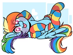 Size: 4000x3000 | Tagged: safe, artist:befishproductions, derpibooru import, rainbow dash, pegasus, pony, :p, abstract background, armpits, blush sticker, blushing, clothes, cute, dashabetes, eye clipping through hair, heart, heart eyes, looking at you, on back, rainbow socks, socks, solo, striped socks, thigh highs, tongue out, wingding eyes