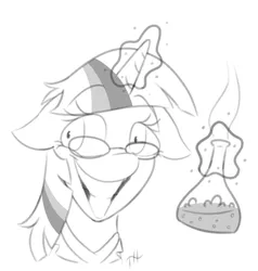 Size: 1425x1500 | Tagged: safe, artist:fakskis, derpibooru import, twilight sparkle, pony, unicorn, clothes, crazy face, faic, female, grayscale, horn, lab coat, mad scientist, magic, mare, monochrome, potion, science, scientist, smiling, solo, vial