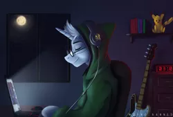 Size: 2039x1378 | Tagged: safe, artist:syncbanned, derpibooru import, oc, oc:ghost note, pegasus, pikachu, pony, unicorn, alarm clock, bass guitar, clock, computer, headphones, laptop computer, moon, musical instrument, night, notebook, pokémon, rain, solo, window