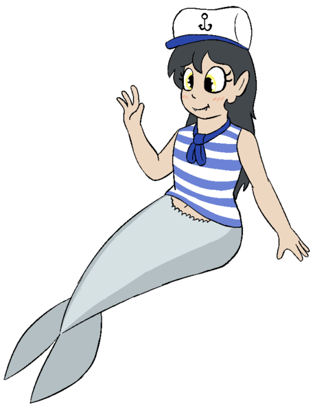 Size: 682x892 | Tagged: artist:heretichesh, barely pony related, clothes, derpibooru import, female, mermaid, oc, oc:buoy belle, offspring, offspring's offspring, parent:oc:dingaling, safe, sailor uniform, satyr, shark, simple background, solo, uniform, unofficial characters only, white background