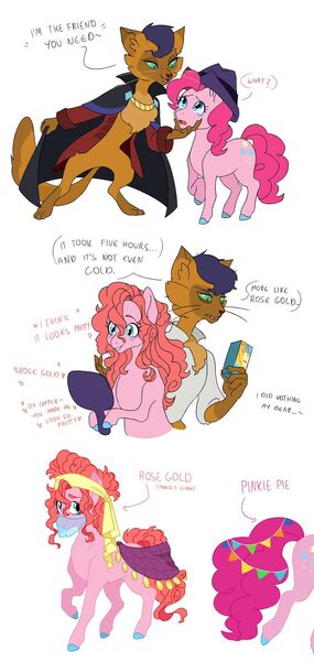 Size: 1024x2157 | Tagged: safe, artist:pikokko, derpibooru import, capper dapperpaws, pinkie pie, oc, oc:rose gold, abyssinian, anthro, digitigrade anthro, earth pony, pony, my little pony: the movie, the saddle row review, alternate hairstyle, blushing, cape, capperpie, chest fluff, clone, clothes, coat, color change, colored hooves, disguise, dress, dyed mane, fedora, female, hair dye, hat, headband, male, mare, mirror, pinkie clone, shipping, simple background, straight, teary eyes, veil, white background