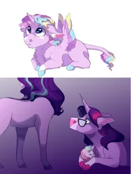 Size: 2000x2664 | Tagged: safe, artist:uunicornicc, derpibooru import, sci-twi, starlight glimmer, twilight sparkle, oc, oc:sterling glimmer, ponified, alicorn, pony, unicorn, equestria girls, alicorn oc, baby, baby pony, chest fluff, cloven hooves, equestria girls ponified, female, glasses, horn, lesbian, magical lesbian spawn, mare, offspring, parent:sci-twi, parent:starlight glimmer, parent:twilight sparkle, parents:twistarlight, ponified humanized pony, scitwistarlight, shipping, twistarlight, unicorn sci-twi, wings