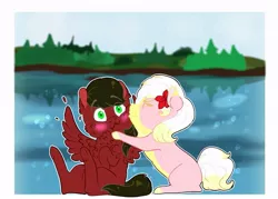Size: 1057x756 | Tagged: safe, artist:miyathegoldenflower, derpibooru import, oc, oc:carmen garcía, oc:cloud rider, unofficial characters only, earth pony, pegasus, caroud, chest fluff, commission, couple, female, flower, flower in hair, fluffy, kissing, male, pegasus oc, straight, wings