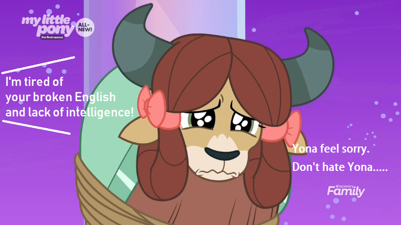 Size: 920x516 | Tagged: abuse, background pony strikes again, crying, derpibooru import, edit, edited screencap, female, psychological abuse, sad, safe, screencap, she's all yak, yak, yona, yonabuse