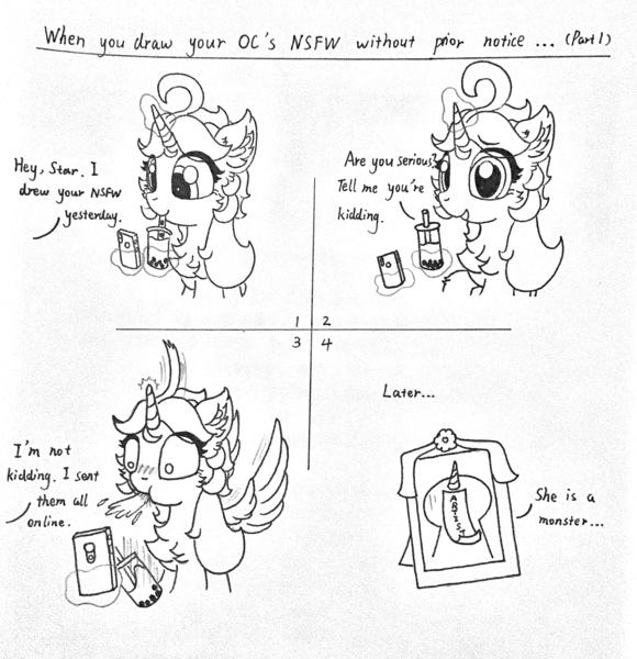 Size: 2235x2313 | Tagged: safe, artist:fireworks sea, derpibooru import, oc, oc:star orchid, unofficial characters only, alicorn, pony, 4 panel comic, alicorn oc, bubble tea, comic, death, drinking, drinking straw, drinking through a straw, horn, spit take, traditional art, wings