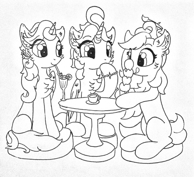 Size: 2429x2217 | Tagged: safe, artist:fireworks sea, derpibooru import, oc, oc:fireworks sky, oc:lyra moon, oc:star orchid, unofficial characters only, alicorn, earth pony, pony, traditional art